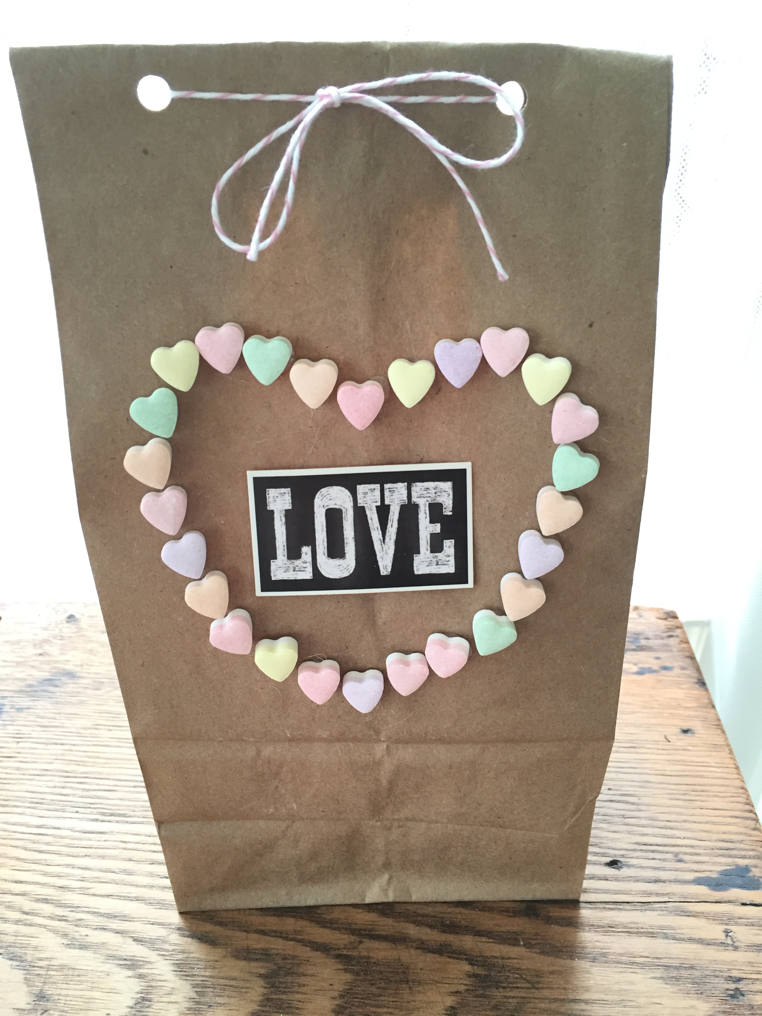 candy hearts on gift bag