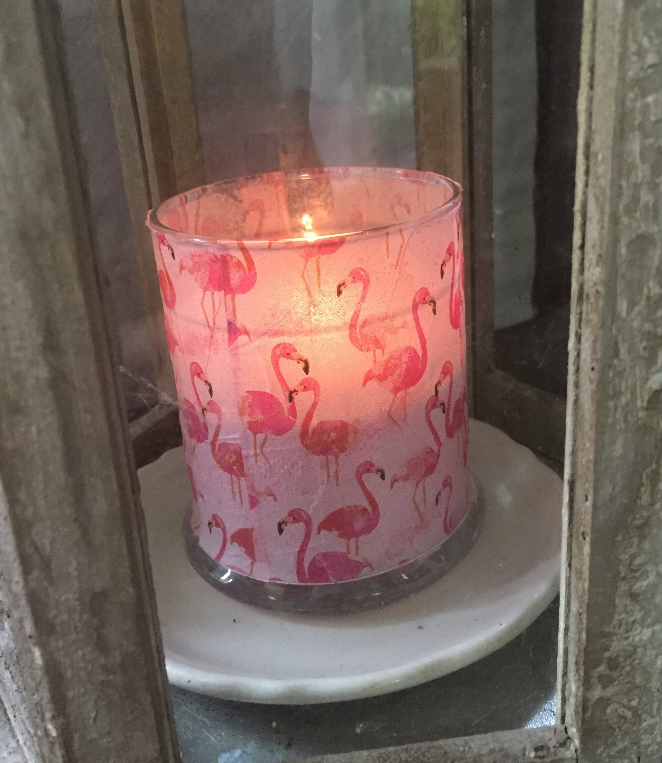 pink flamingo decoupage votive