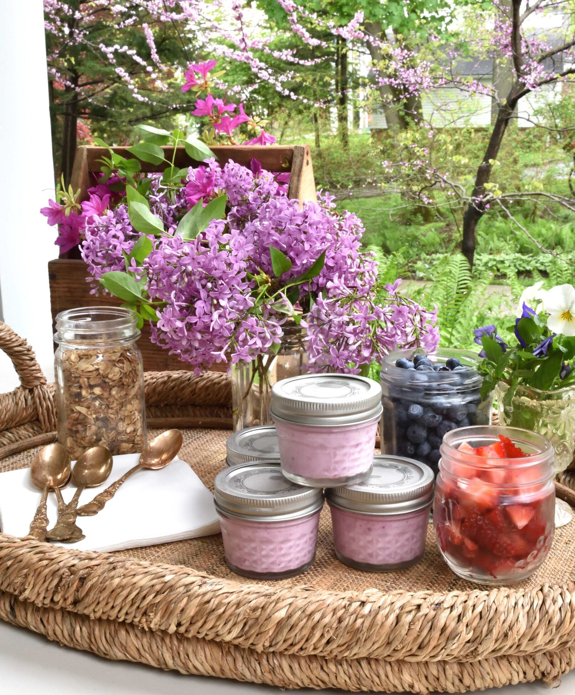 individual yogurt parfaits on a tray